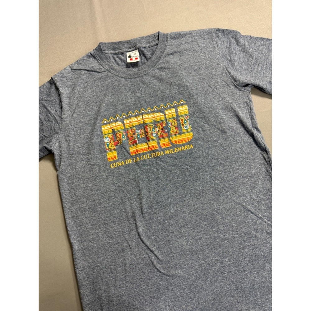 Rufyar's Peru Graphic T-Shirt Mens Medium Blue Gray Cotton Made in Peru Souvenir